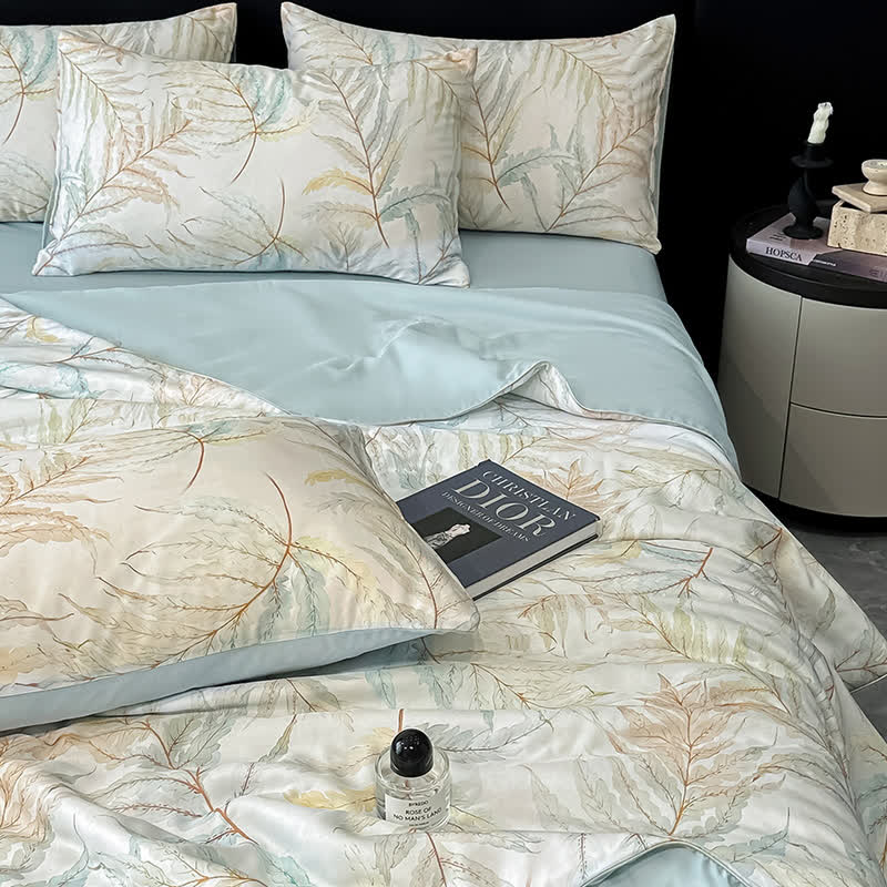 Tranquil Leaf Print Silky Natural Quilt