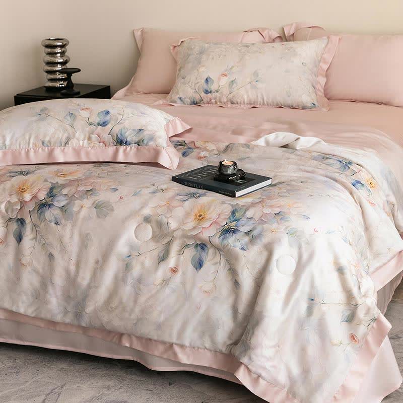 Pink Peony Print Silky Natural Quilt
