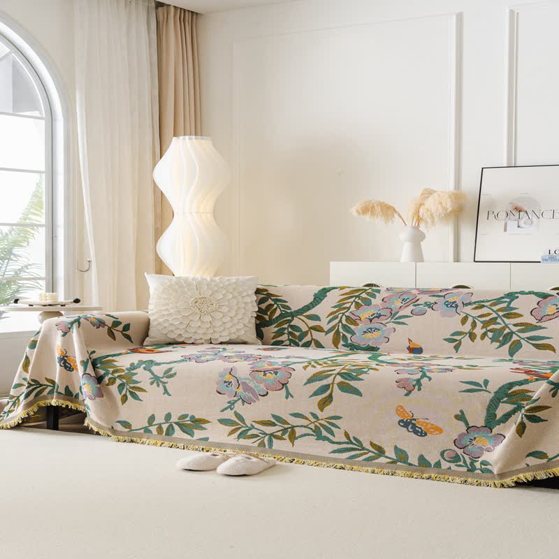 Green Leaf Floral Chenille Sofa Protector