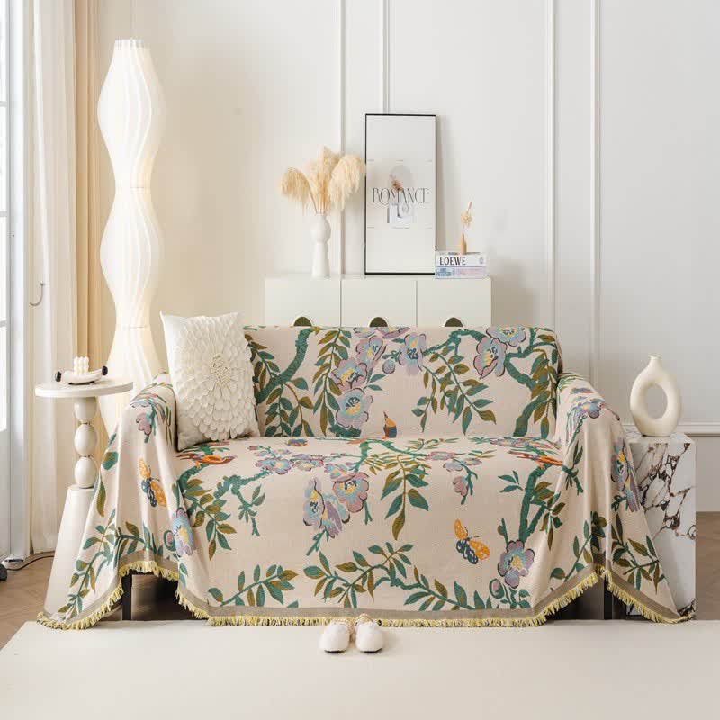 Green Leaf Floral Chenille Sofa Protector