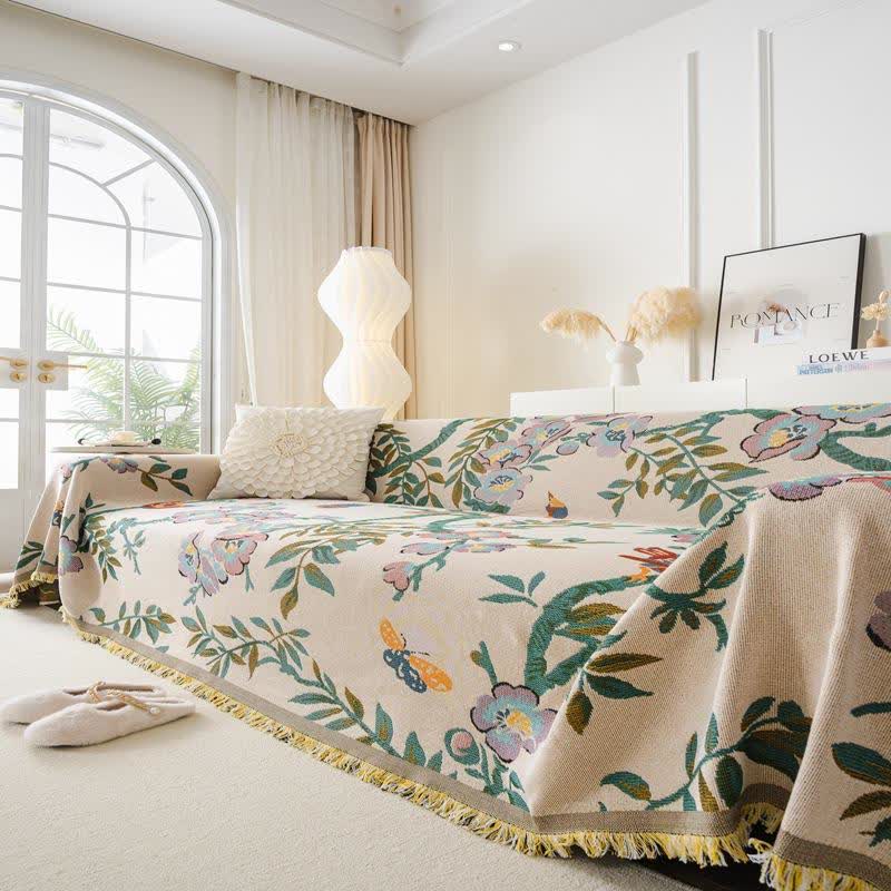 Green Leaf Floral Chenille Sofa Protector