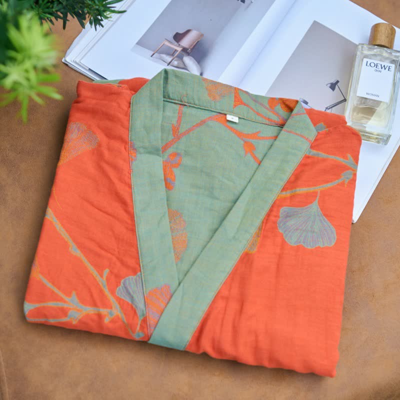 Large Ginkgo Leaf Cotton Kimono Robe