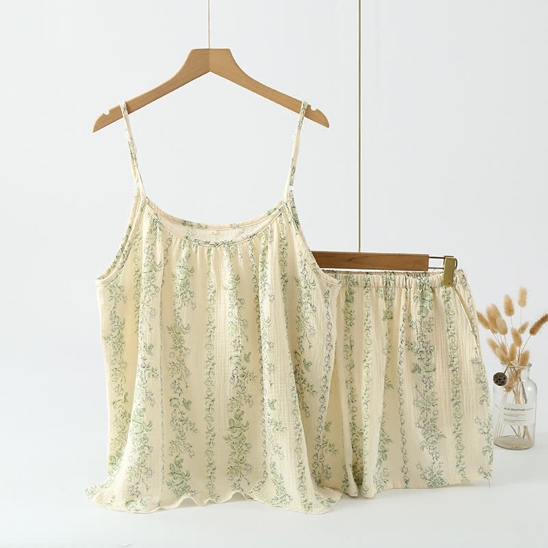 Green Floral Stripe Cotton Cami Pajamas