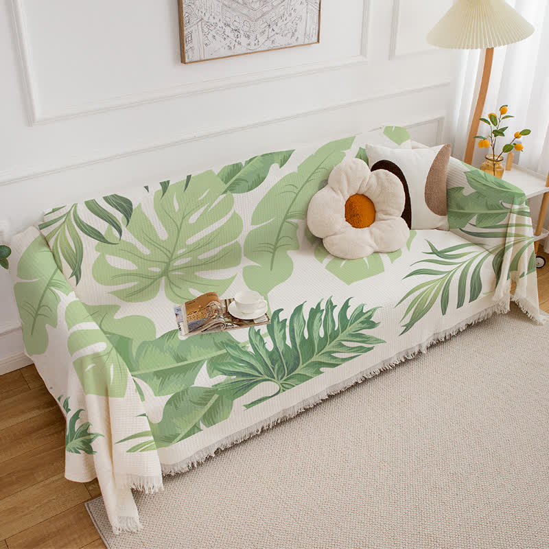 Leaf Print Tassel Sofa Throw Blanket
