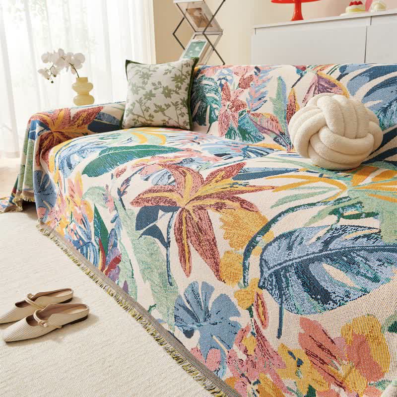 Tropical Floral Leaf Sofa Throw Blanket