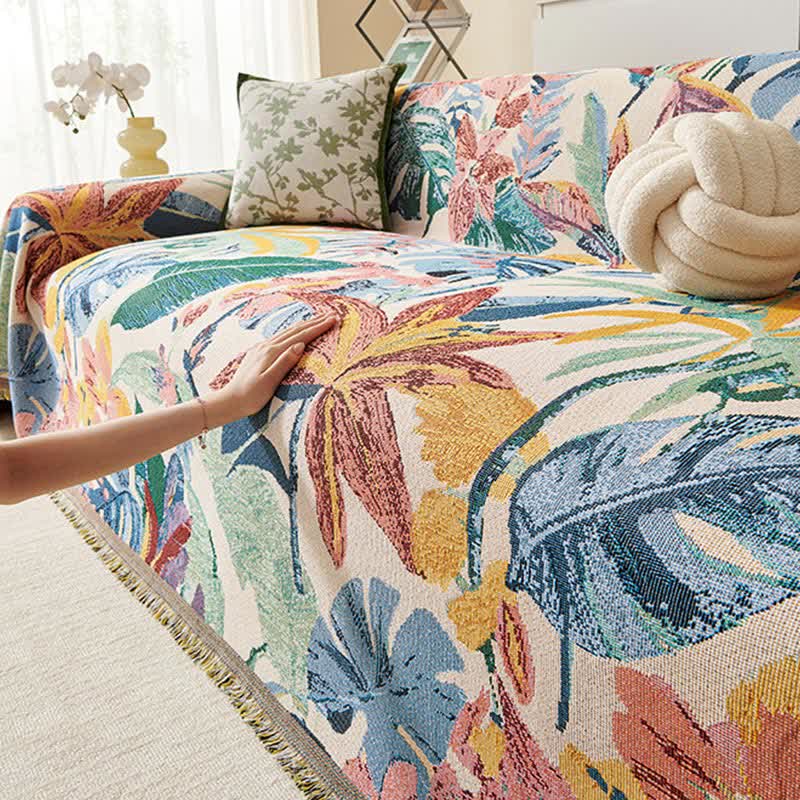 Tropical Floral Leaf Sofa Throw Blanket