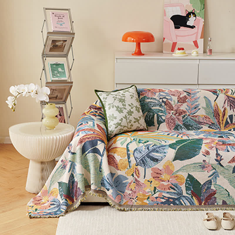 Tropical Floral Leaf Sofa Throw Blanket