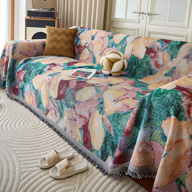 Vintage Painterly Floral Sofa Throw Blanket