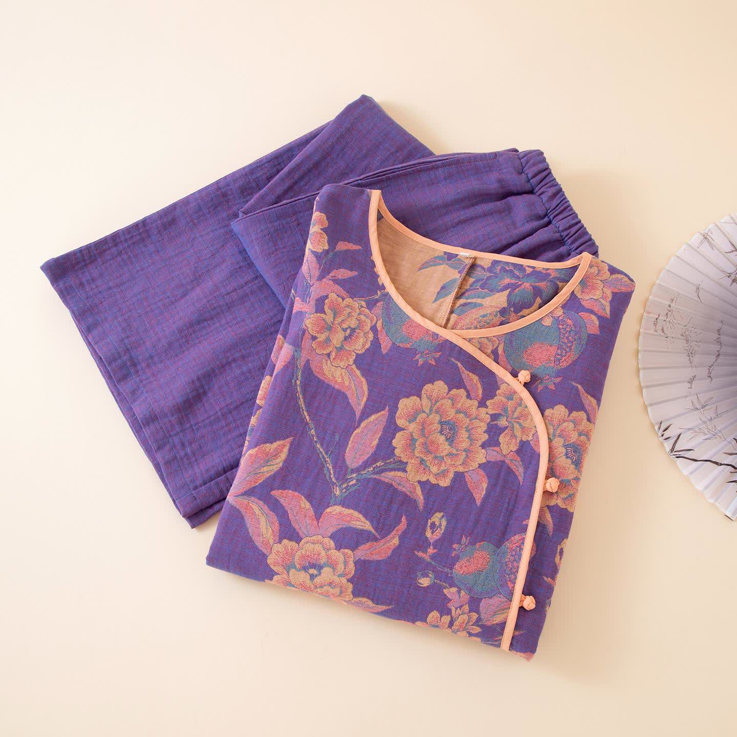 Oriental Style Peony Pomegranate Cotton Sleepwear