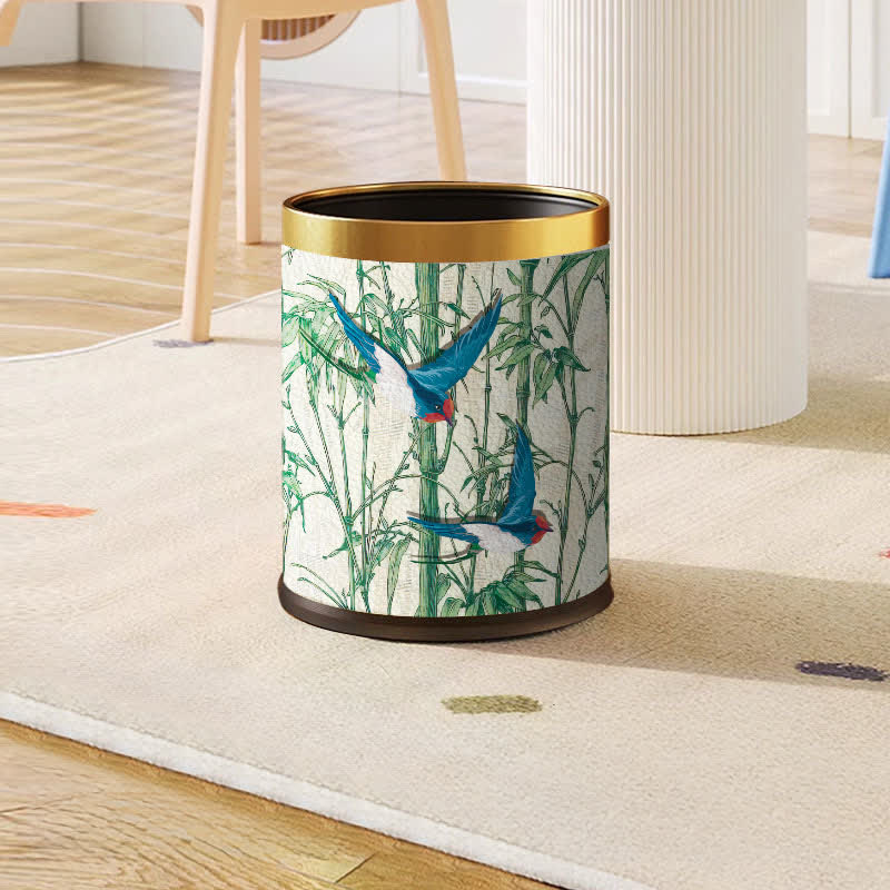 Rural Bamboo Bird Stainless Steel Trash Can