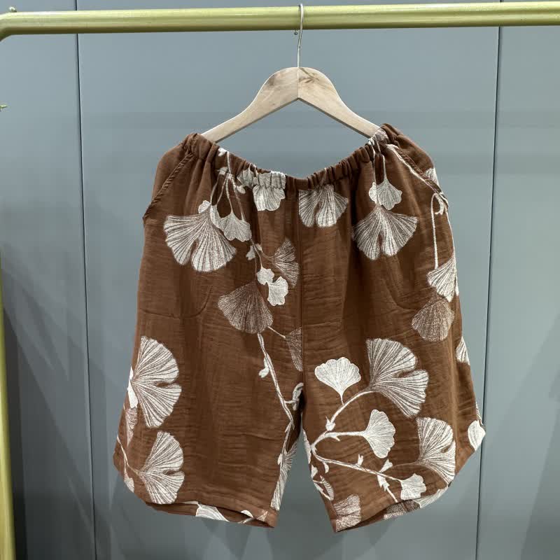 Ginkgo Leaf Jacquard Cotton Pajama Shorts
