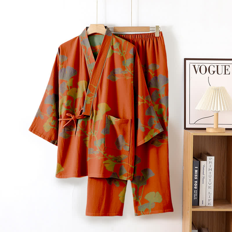 Large Ginkgo Leaf Cotton Kimono Pajamas