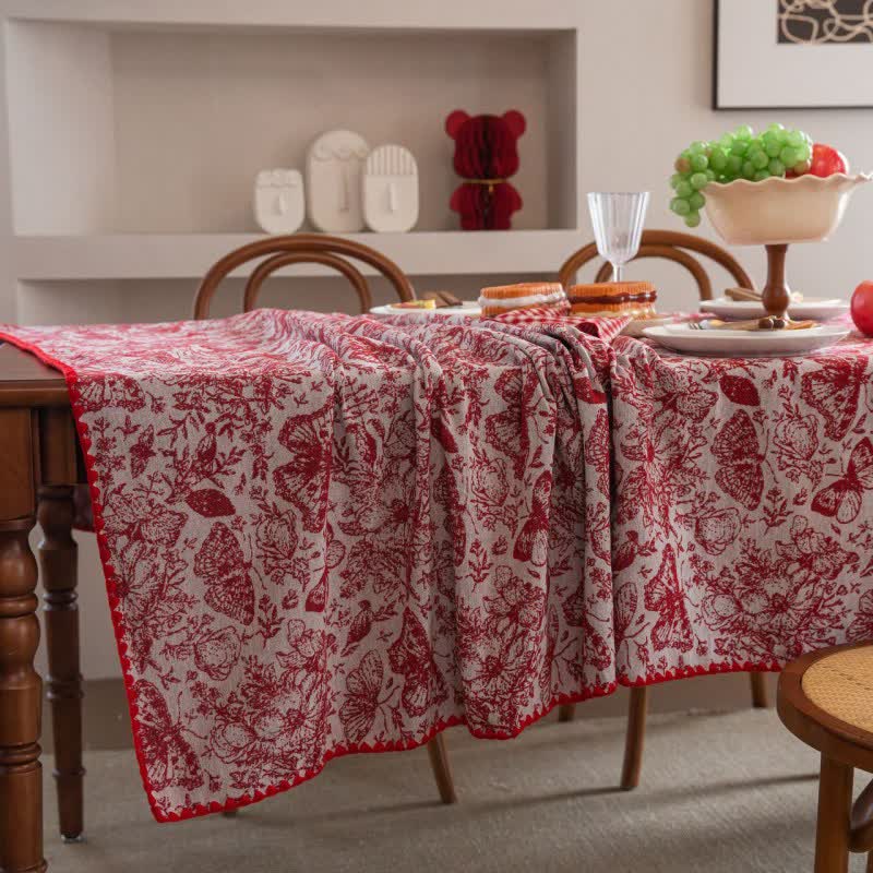Red Butterfly Floral Jacquard Tablecloth