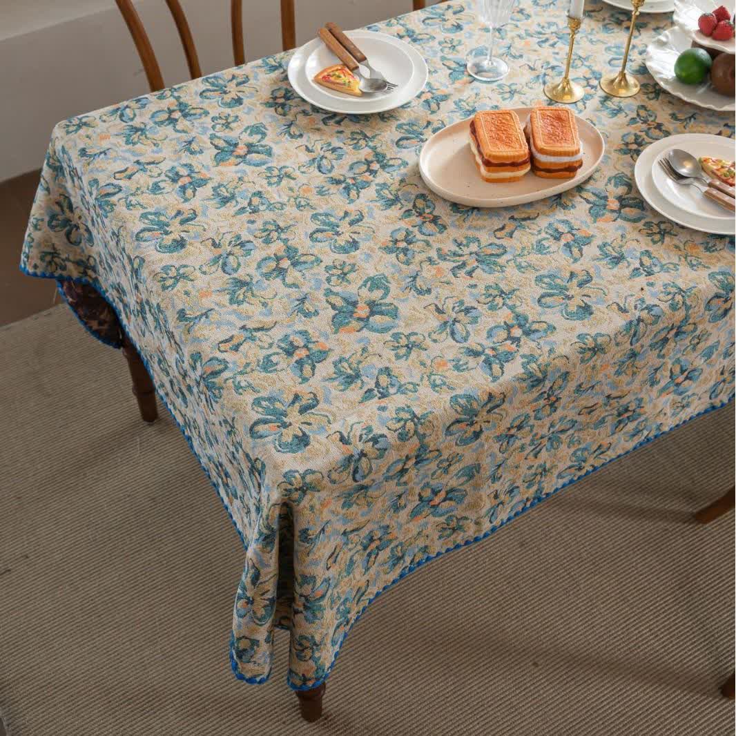 Rustic Style Blue Floral Jacquard Tablecloth