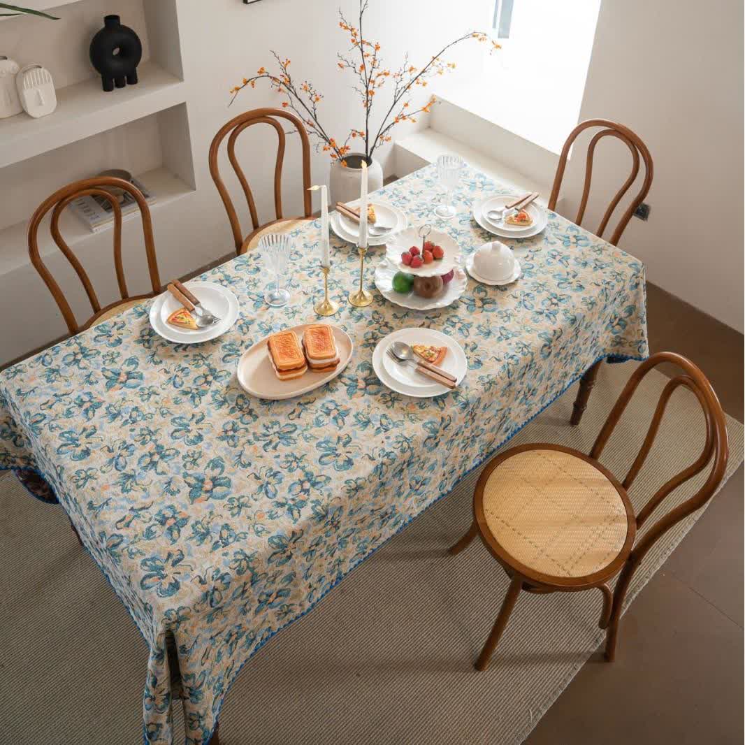 Rustic Style Blue Floral Jacquard Tablecloth