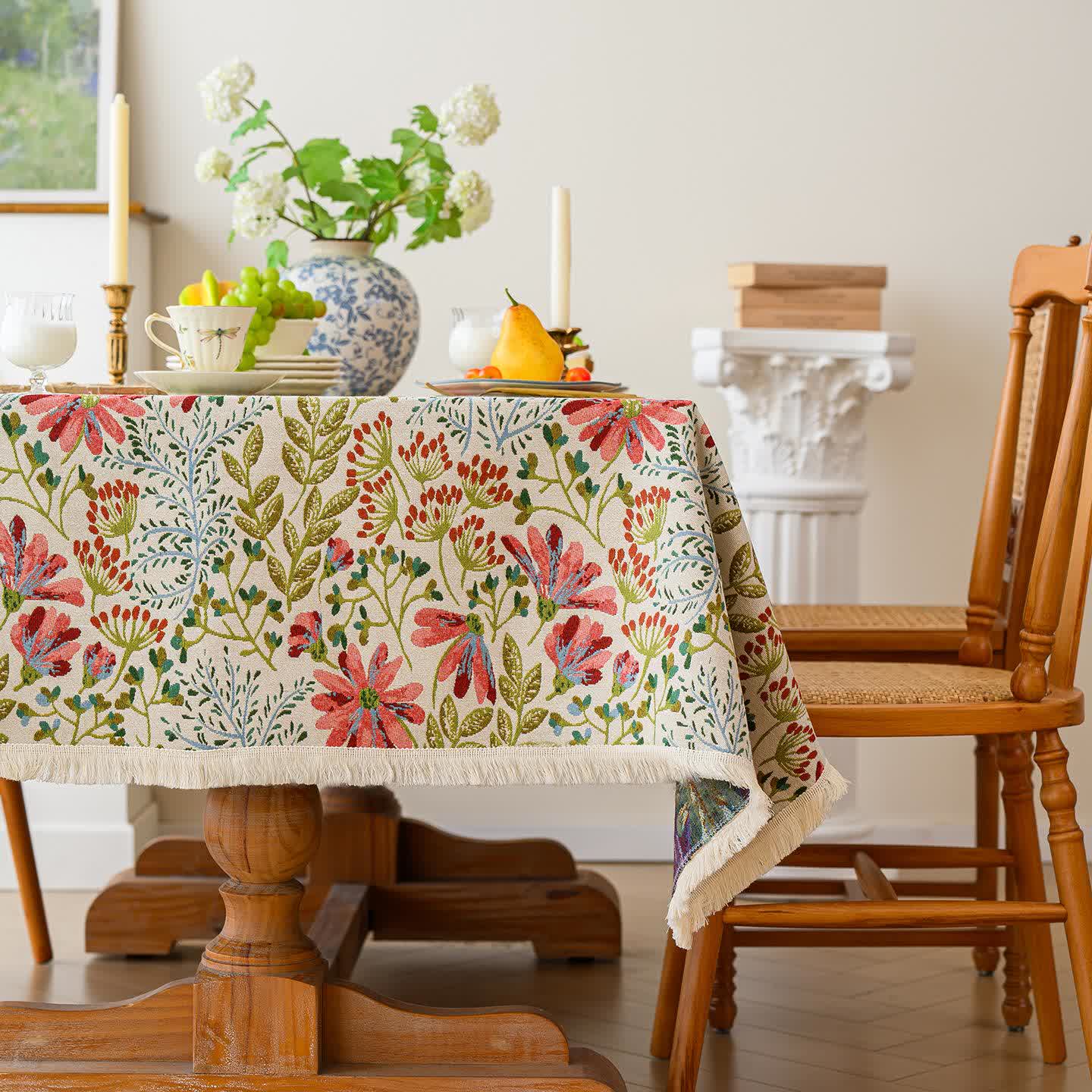 Rustic Floral Jacquard Tassel Tablecloth