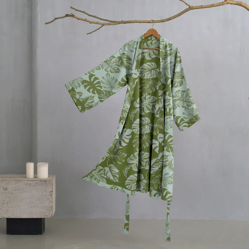 Monstera Print Cotton Gauze Kimono Robe