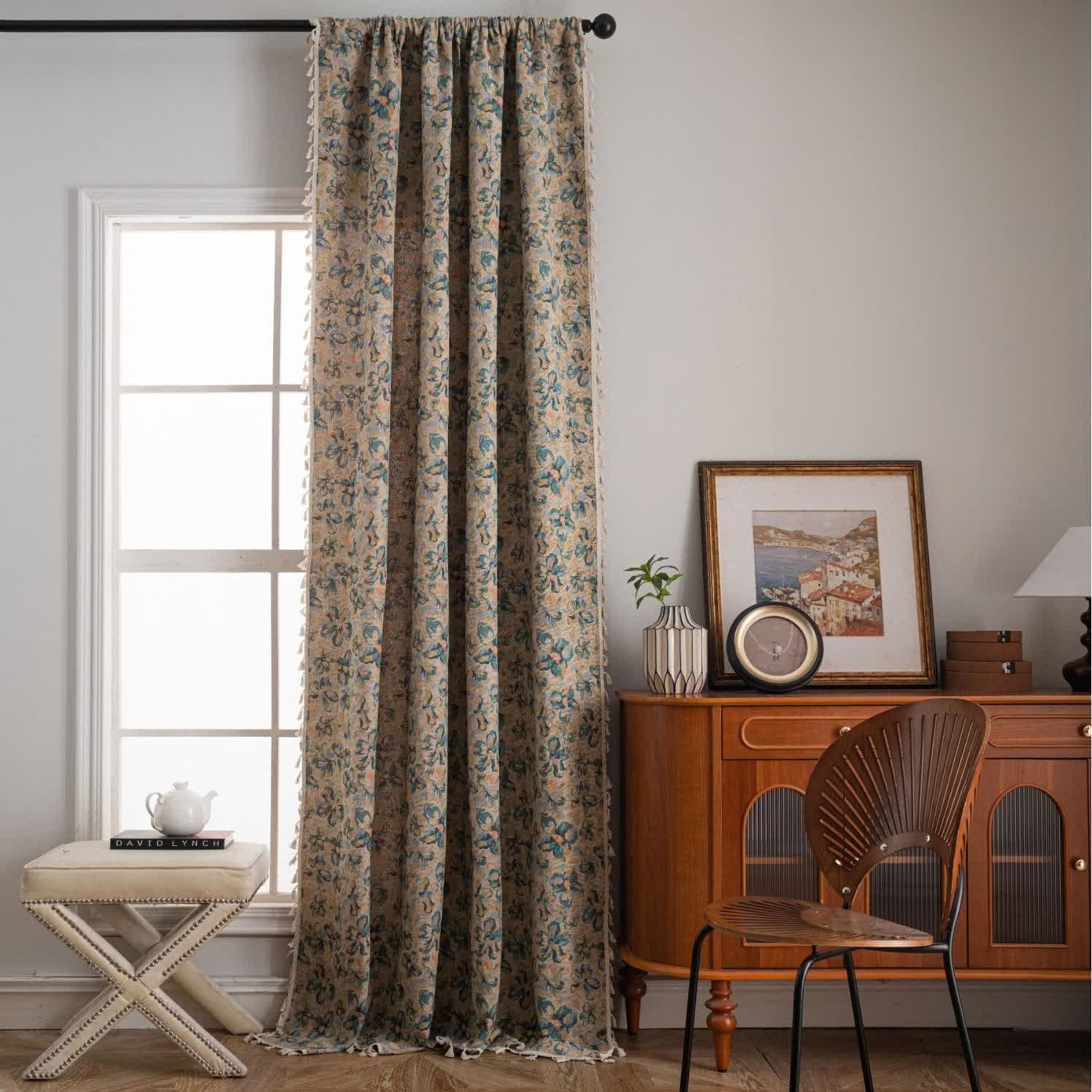 Rustic Blue Floral Light Filtering Curtain