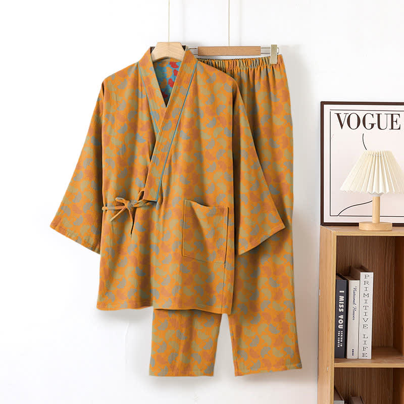 Ginkgo Leaf Cotton Kimono Loungewear Set