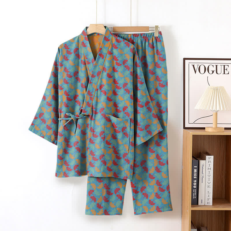 Ginkgo Leaf Cotton Kimono Loungewear Set