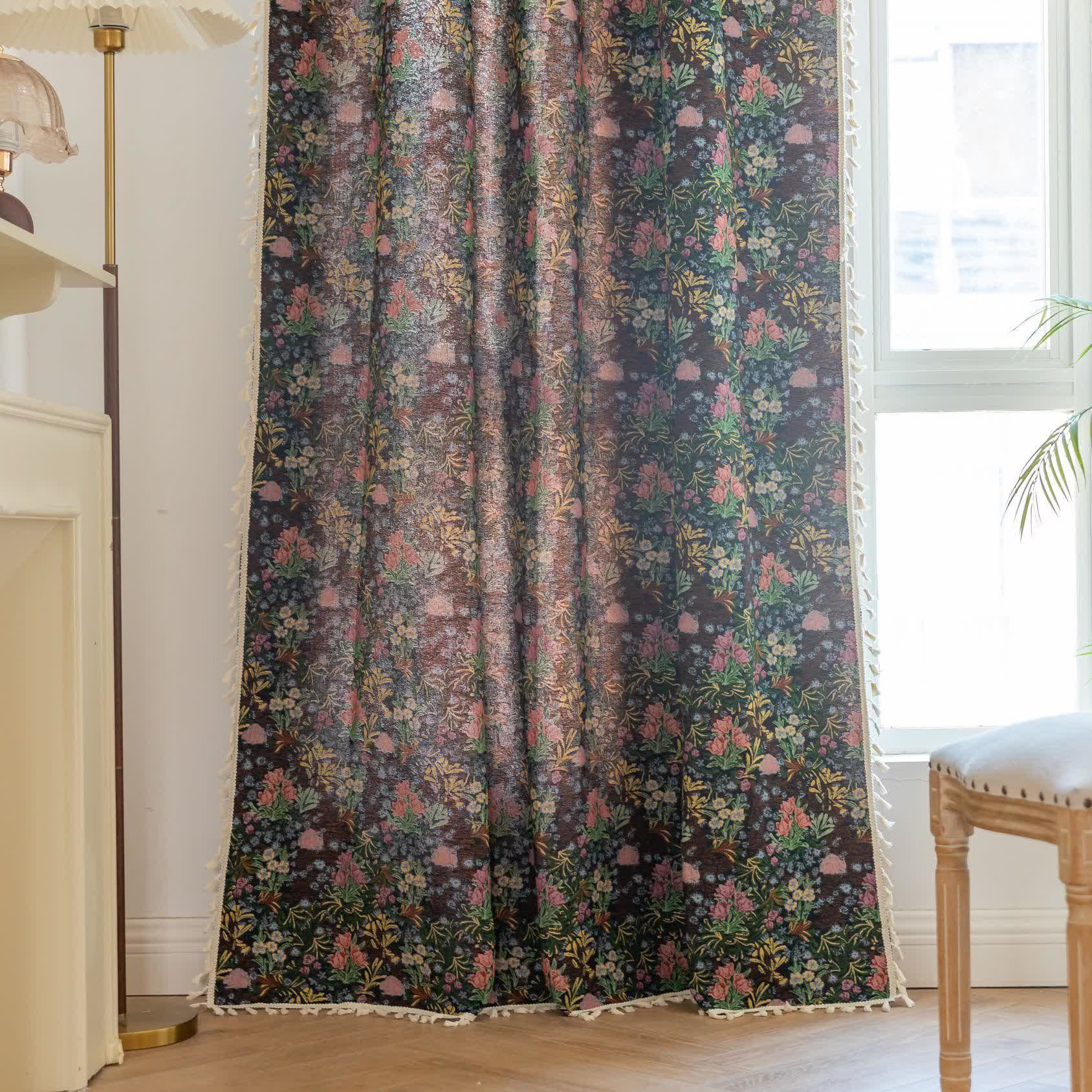 Retro Floral Branch Leaf Tassel Curtain