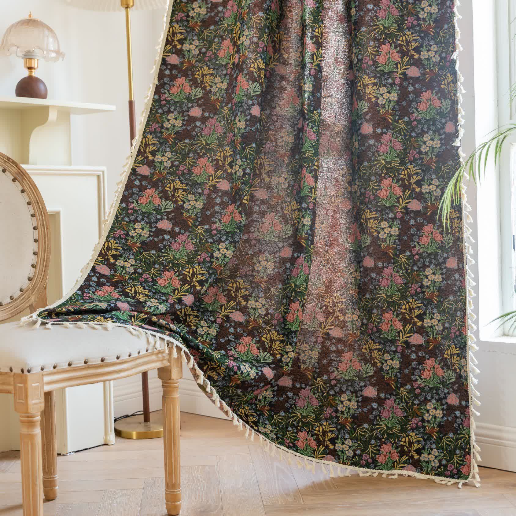 Retro Floral Branch Leaf Tassel Curtain