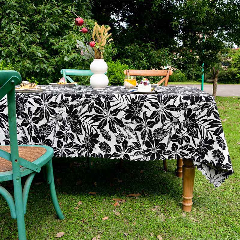 Vintage Black Floral Scalloped Edge Tablecloth