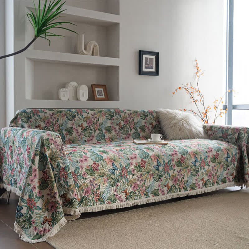 Tropical Monstera Butterfly Sofa Throw Blanket