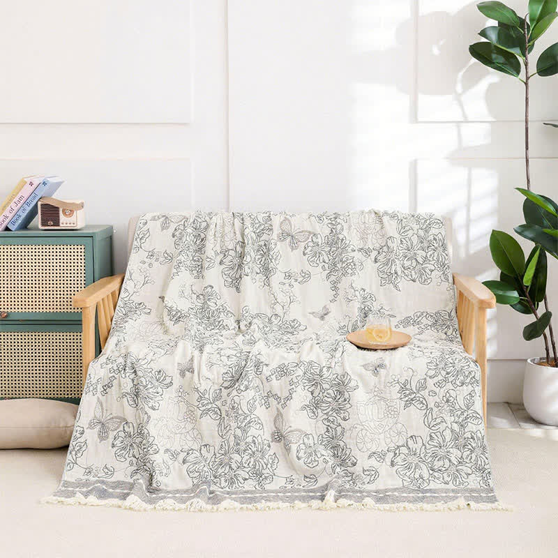 Pastel Floral Cotton Gauze Tassel Quilt