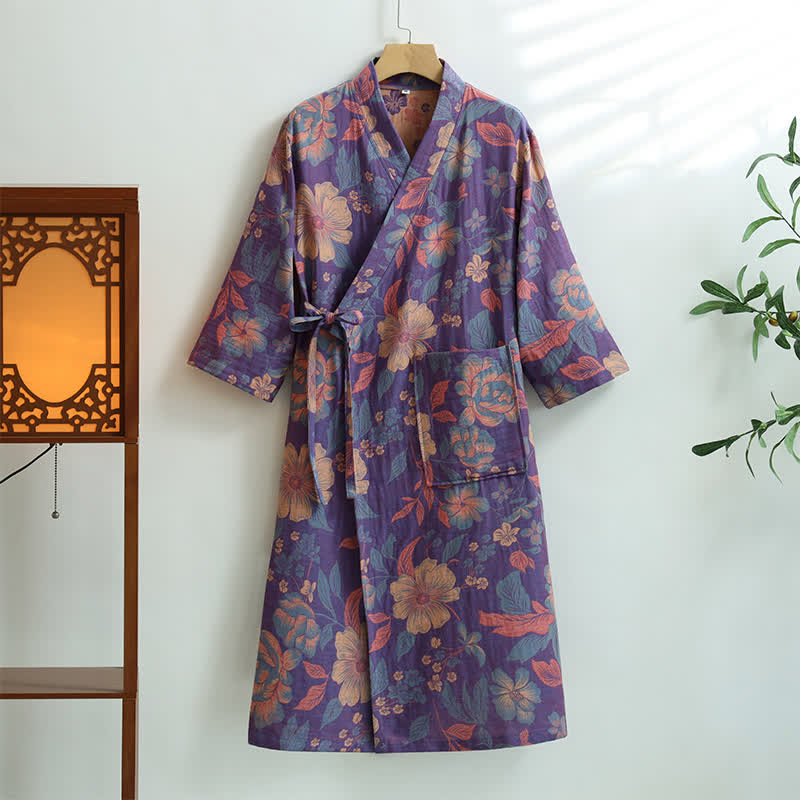 Hibiscus Cotton Gauze Pocket Bathrobe