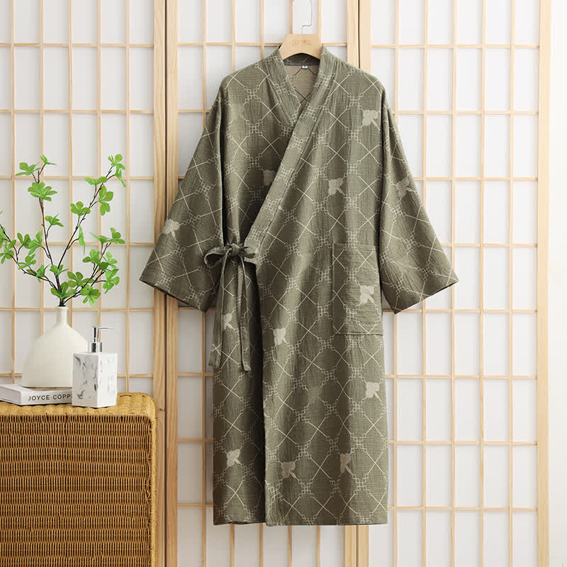Unisex Diamond Plaid Cotton Pocket Bathrobe