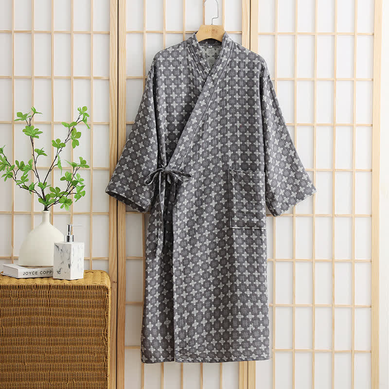 Unisex Geometric Pattern Cotton Pocket Bathrobe