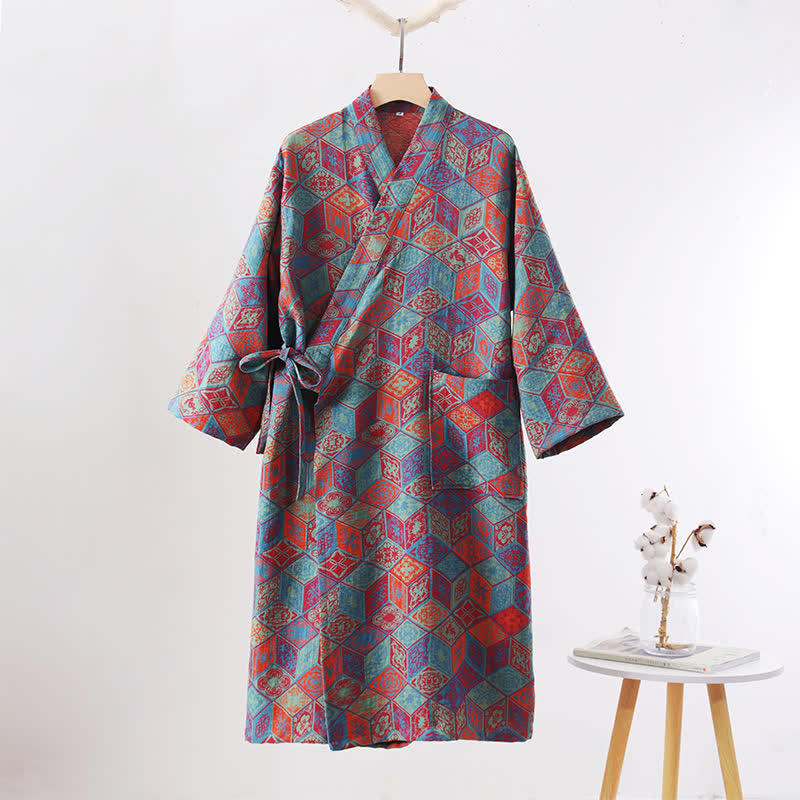 Retro Geometric Diamond Cotton Gauze Bathrobe