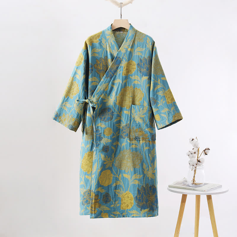 Green Peony Cotton Gauze Bathrobe