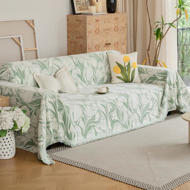 Green Tulip Chenille Sofa Throw Blanket