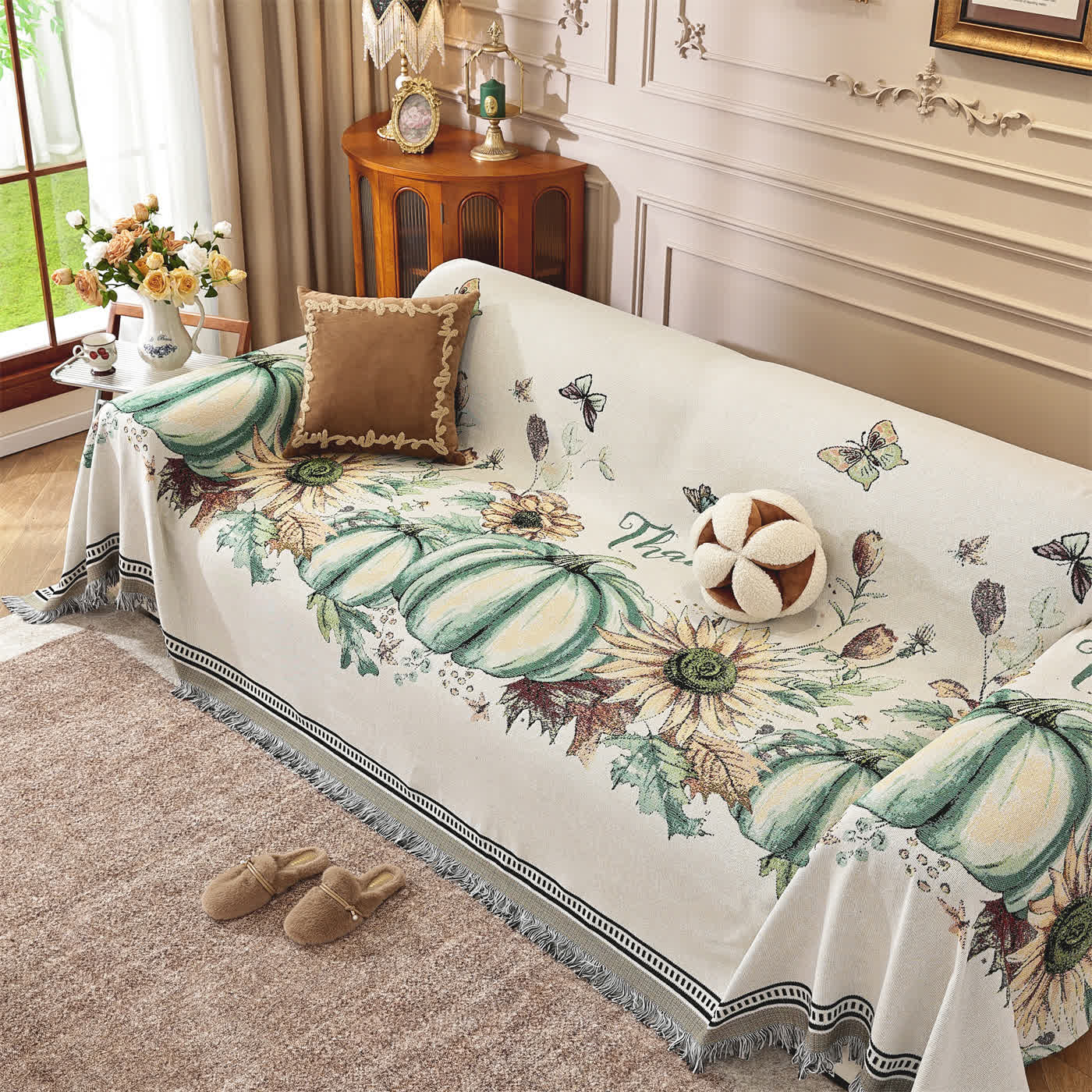 Pumpkin Sunflower Chenille Sofa Throw Blanket