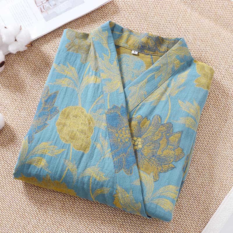 Green Peony Cotton Gauze Bathrobe