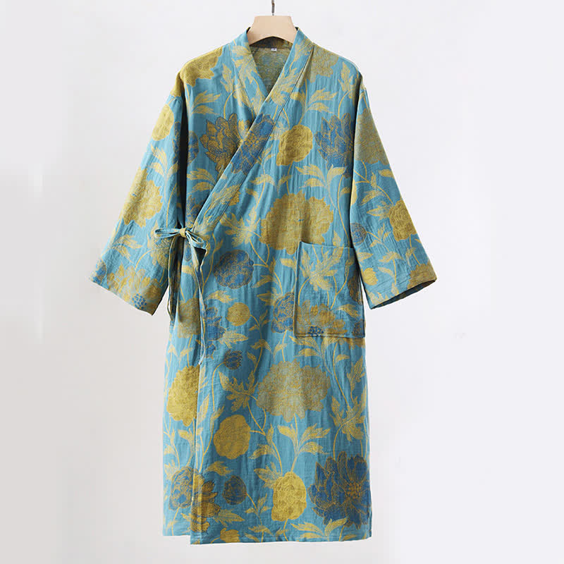 Green Peony Cotton Gauze Bathrobe