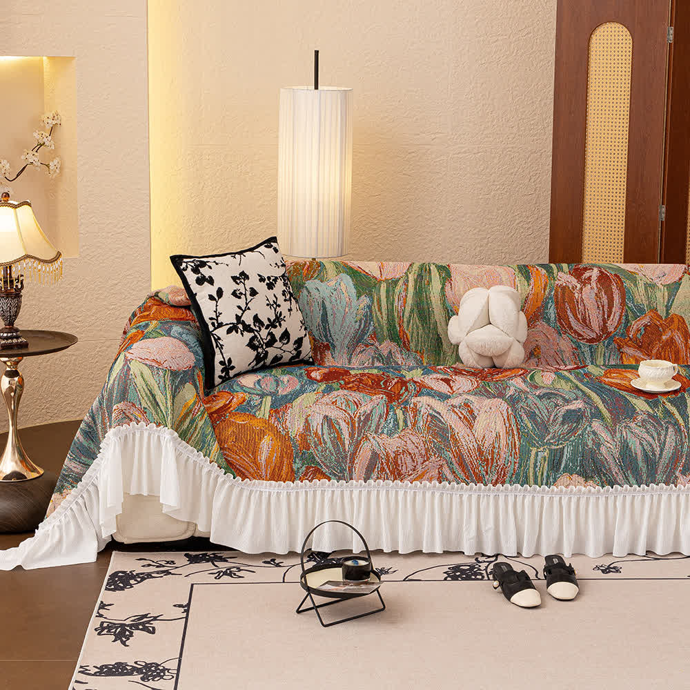 Oil Painting Ruffled Sofa Throw Blanket