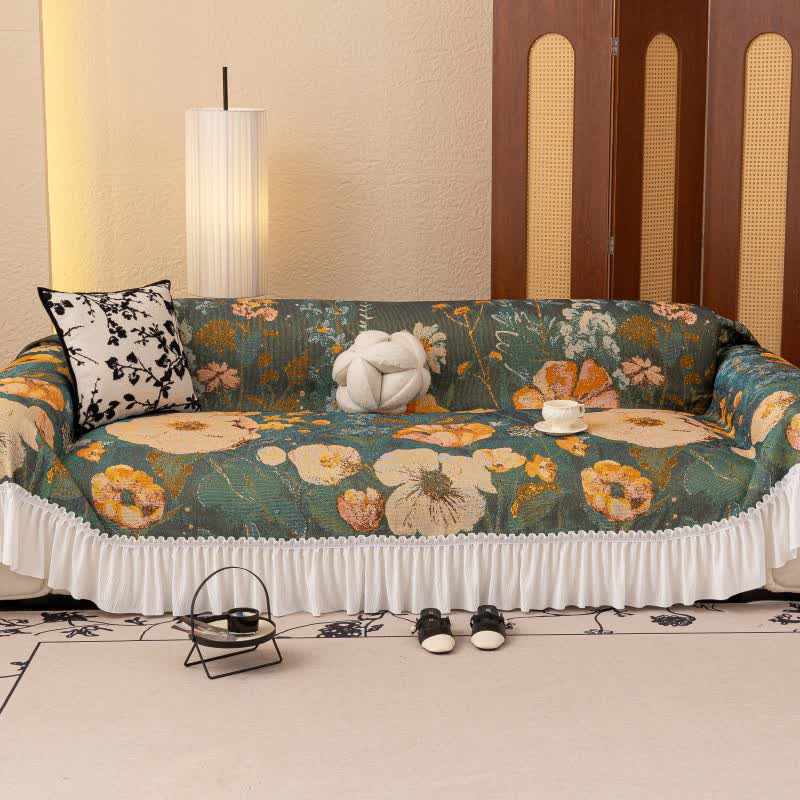 Yellow Floral Ruffled Sofa Throw Blanket