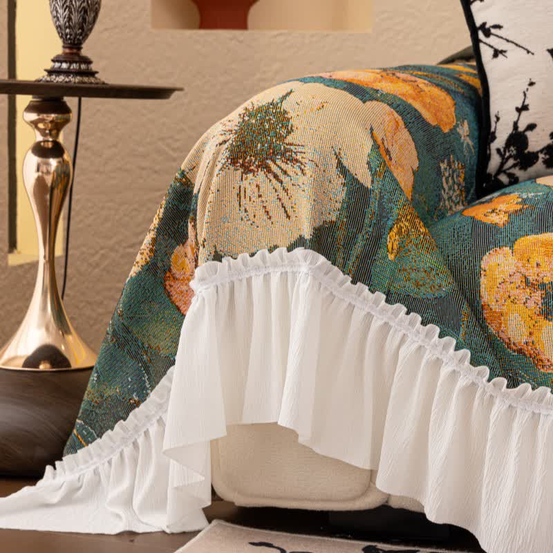 Yellow Floral Ruffled Sofa Throw Blanket