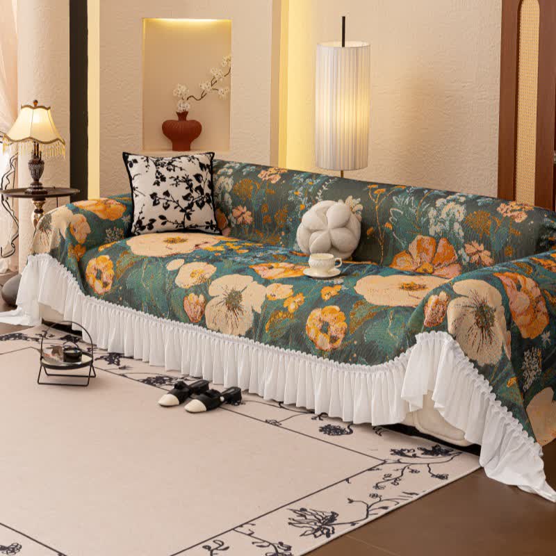 Yellow Floral Ruffled Sofa Throw Blanket