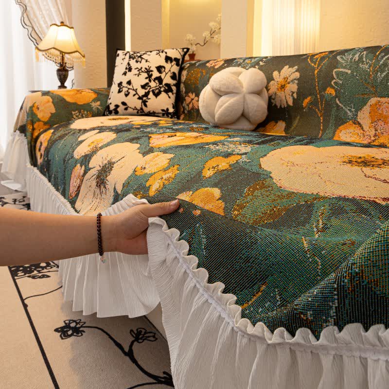 Yellow Floral Ruffled Sofa Throw Blanket