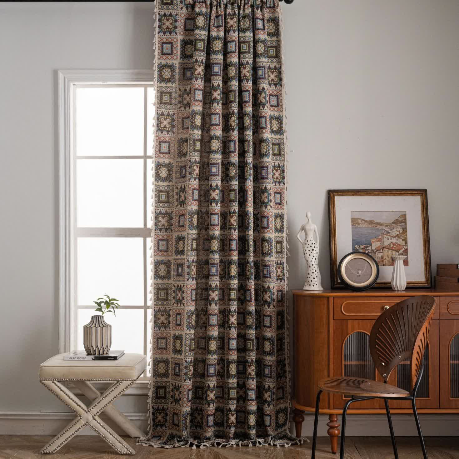Retro Geometric Square Jacquard Curtain