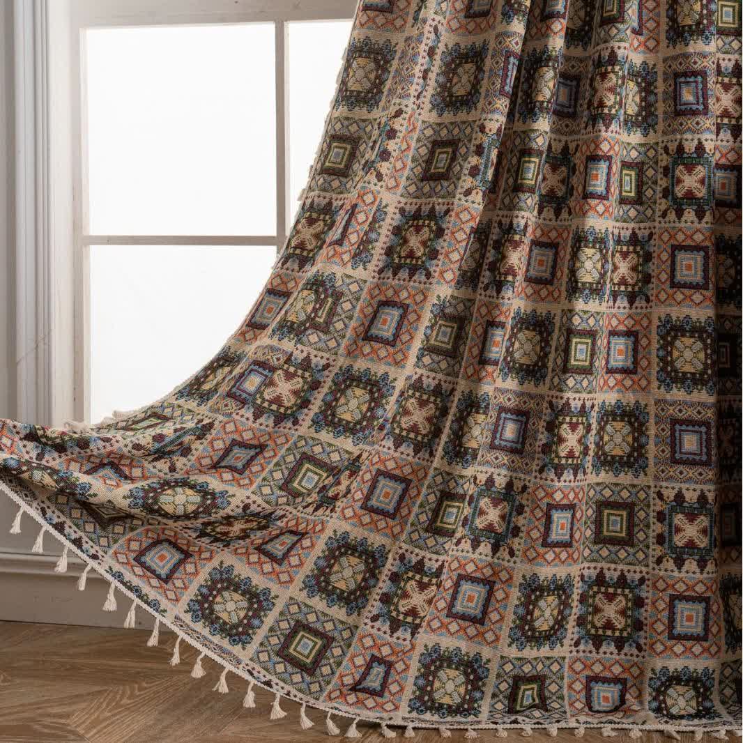 Retro Geometric Square Jacquard Curtain