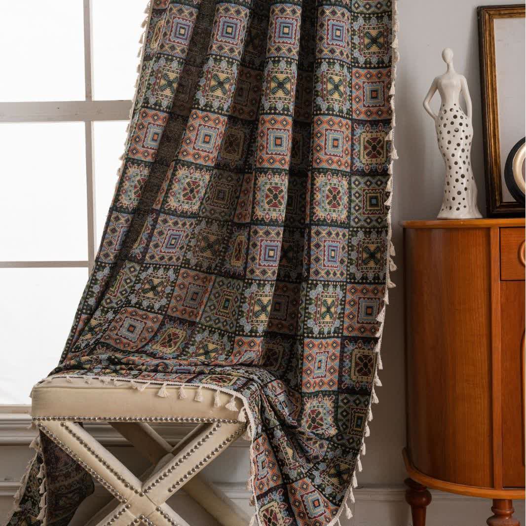 Retro Geometric Square Jacquard Curtain