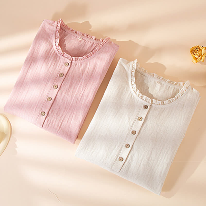 Simple Ruffled Cotton Linen Button Nightgown