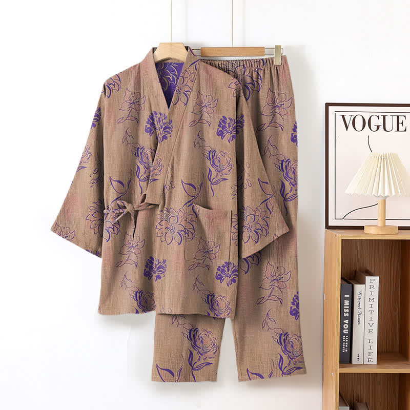 Peony Cotton Gauze Kimono Loungewear Set