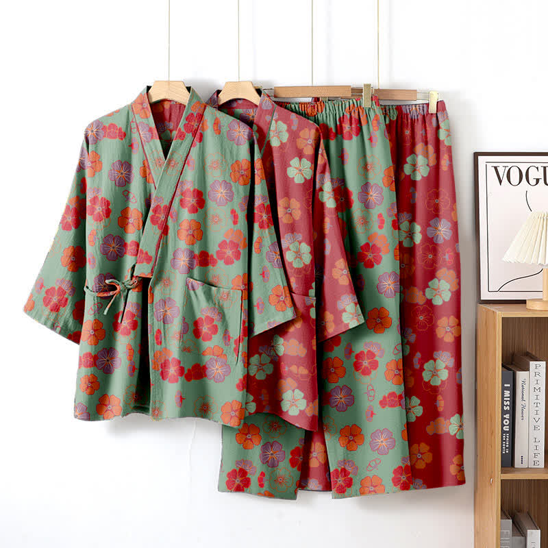 Plum Blossom Cotton Kimono Loungewear Set