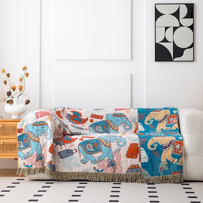 Fun Elephant Cotton Gauze Tassel Quilt